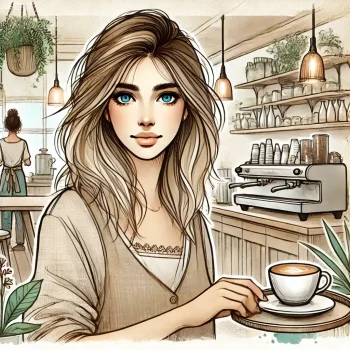 DALL·E 2025-10-31 11.48.18 - An elegant, bohemian-chic illustration of a young woman with dark blonde hair and blue eyes, preparing a coffee in a cozy café. She has a calm, warm e