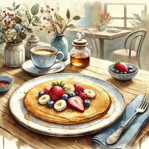 DALL·E 2025-10-31 11.52.53 - An elegant, bohemian-chic watercolor-style illustration of a beautifully plated crepe, shown as a finished dish. The crepe is golden brown, topped wit