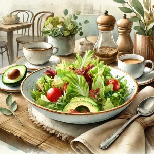 DALL·E 2025-10-31 11.52.58 - An elegant, bohemian-chic watercolor-style illustration of a beautifully plated salad, shown as a finished dish. The salad is colorful and fresh, feat