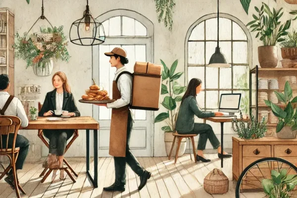 DALL·E 2025-10-31 12.30.12 - A chic and bohemian watercolor-style illustration representing the concept of 'Delivered directly to your company'. A delivery person with a warm smil