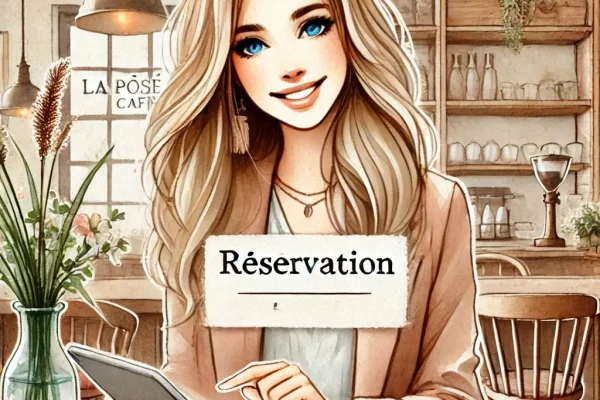 DALL·E 2025-10-31 12.37.56 - A chic and bohemian watercolor-style illustration for the 'Réservation' section of La Pôse Café. A warm, elegant young woman with dark blonde hair and